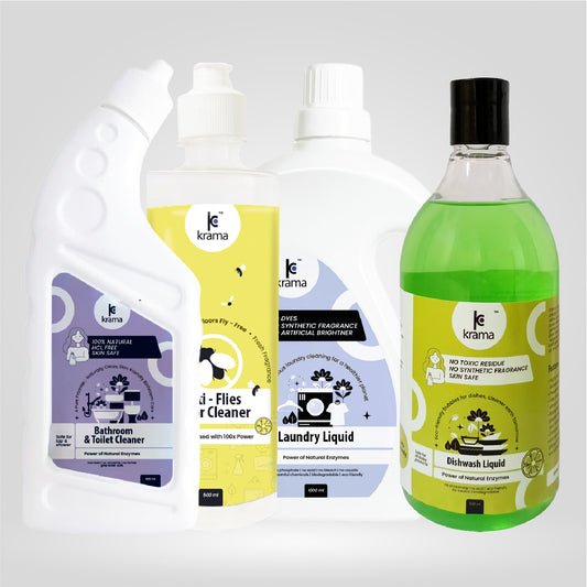 Super value combo - (1 Ltr Laundry liquid+ Dishwash 500ml+ anti flies Floor cleaner 500ml+Toilet and bathroom cleaner 500ml)